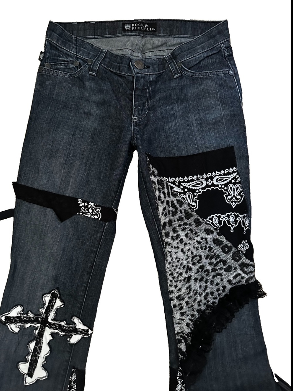 OOAK ROCK&REP Flared Dark Denim Jeans 70s Style Western Goth UPCYCLED-26x30
